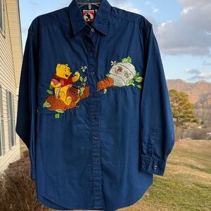 Vintage 90's DISNEY Winnie the Pooh  Embroidered Cotton Shirt Medium BLUE
